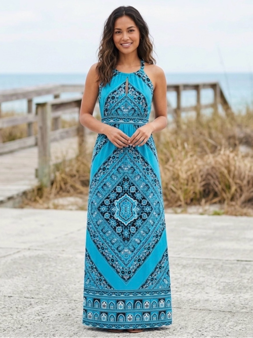 INC InternationalConcepts Bandana Print Halter Maxi Dress Petite Medium Sea Blue